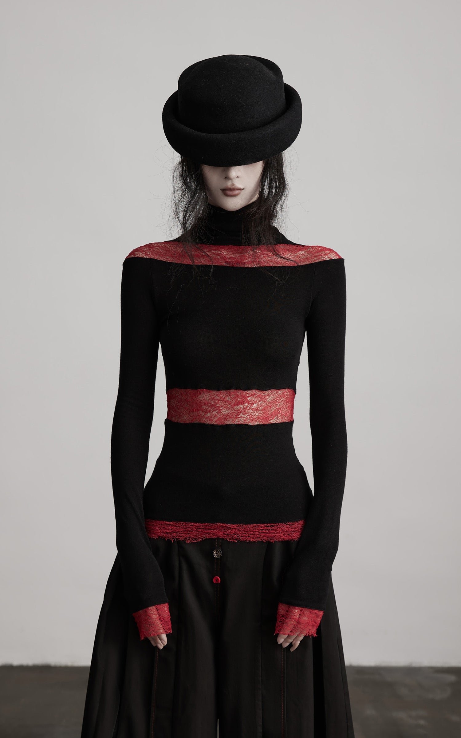 DOINDULGE Sheer Lace Paneled Long Sleeve Top