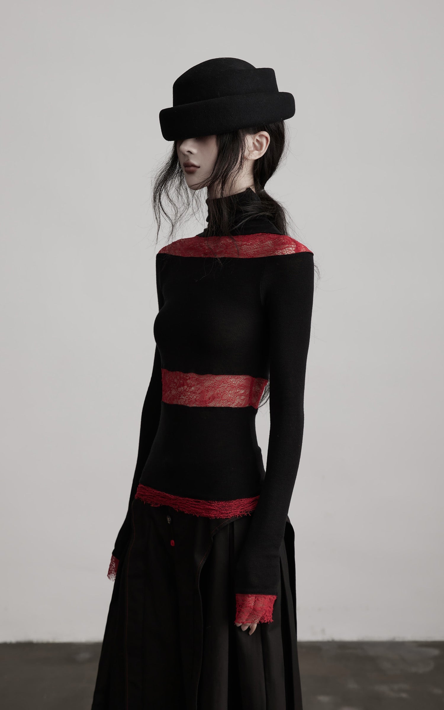 DOINDULGE Sheer Lace Paneled Long Sleeve Top