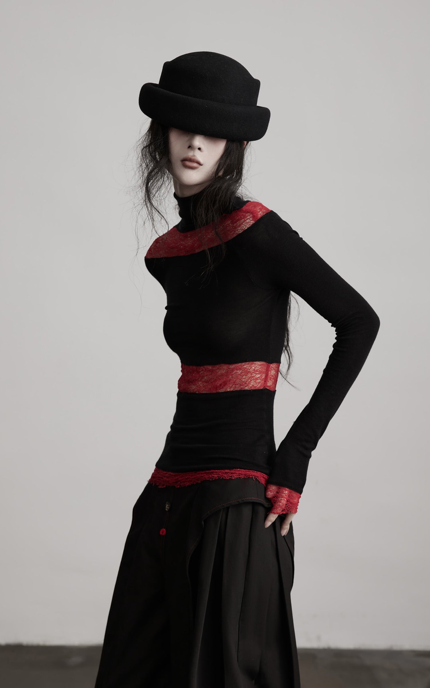 DOINDULGE Sheer Lace Paneled Long Sleeve Top