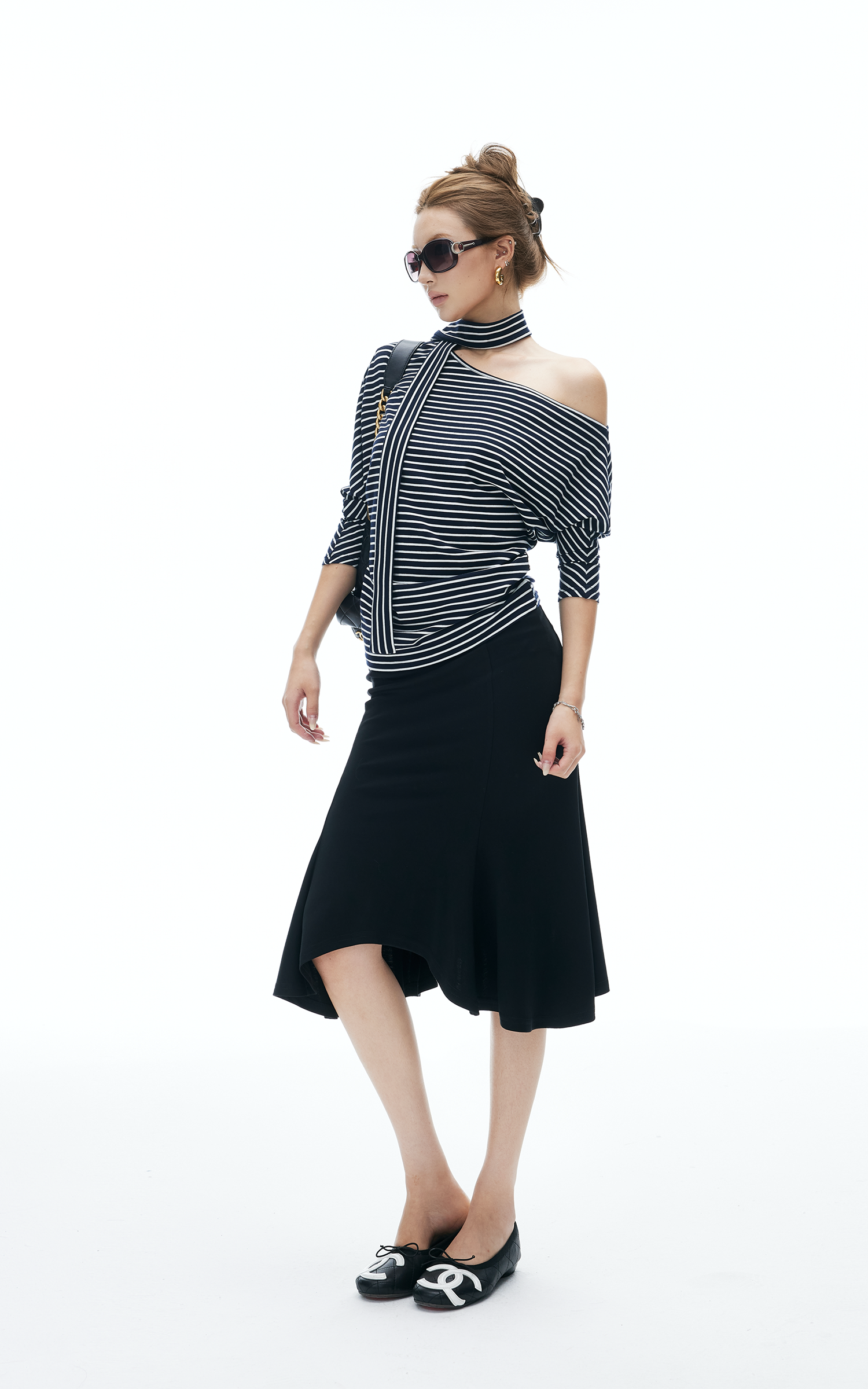 IAMXIAA Striped One Shoulder T-Shirt with Scarf Detail