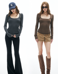 IAMXIAA Knit Long Sleeve Top with Square Neckline