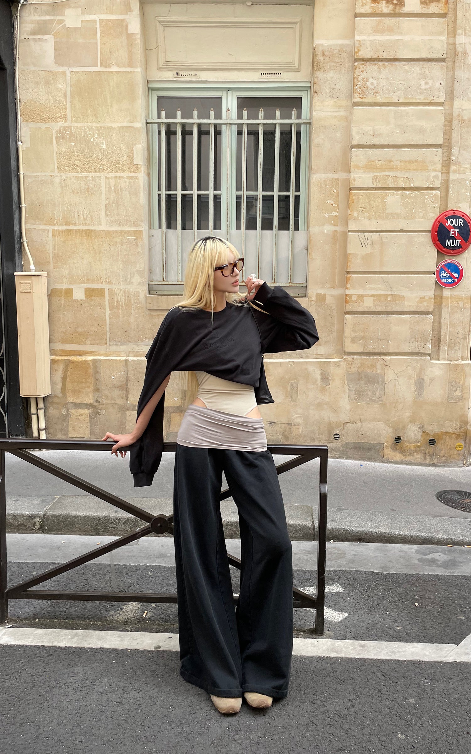 Rase le sol High Waist Contrast Panel Wide Leg Pants