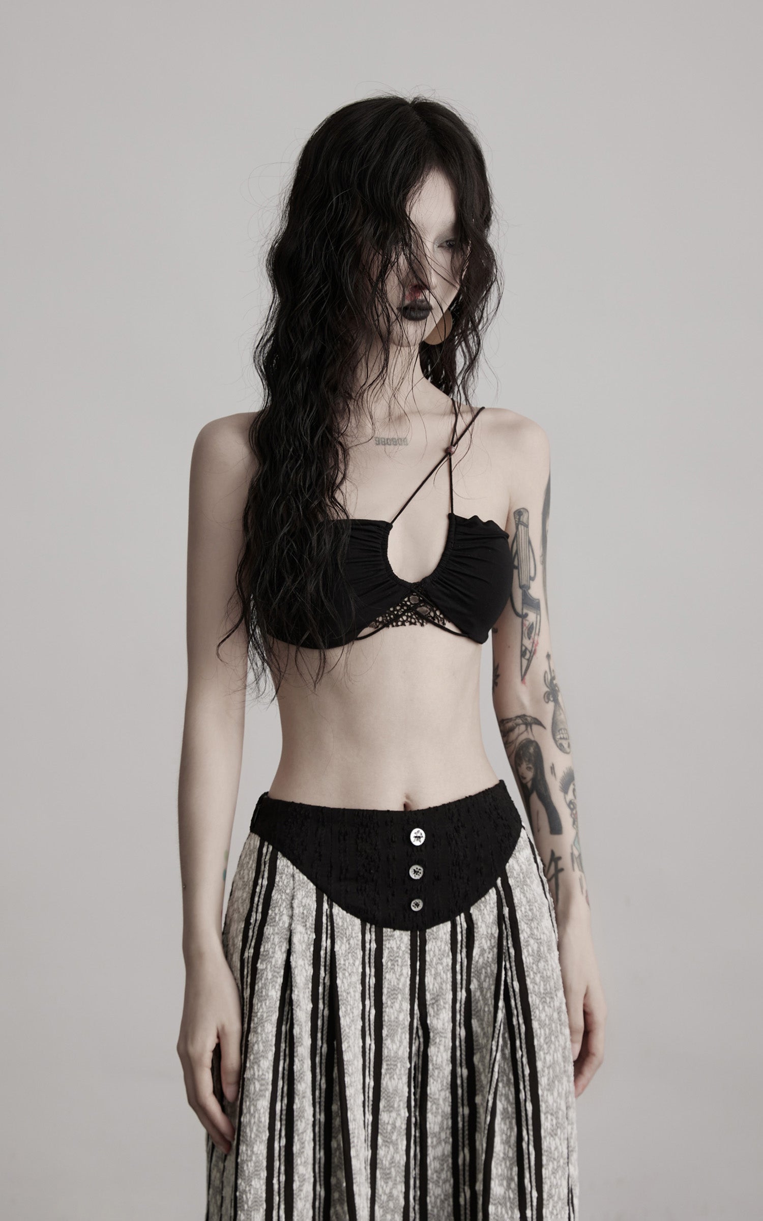 DOINDULGE Lace Strapless Crop Top with Beaded Halter Detail
