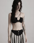 DOINDULGE Lace Strapless Crop Top with Beaded Halter Detail