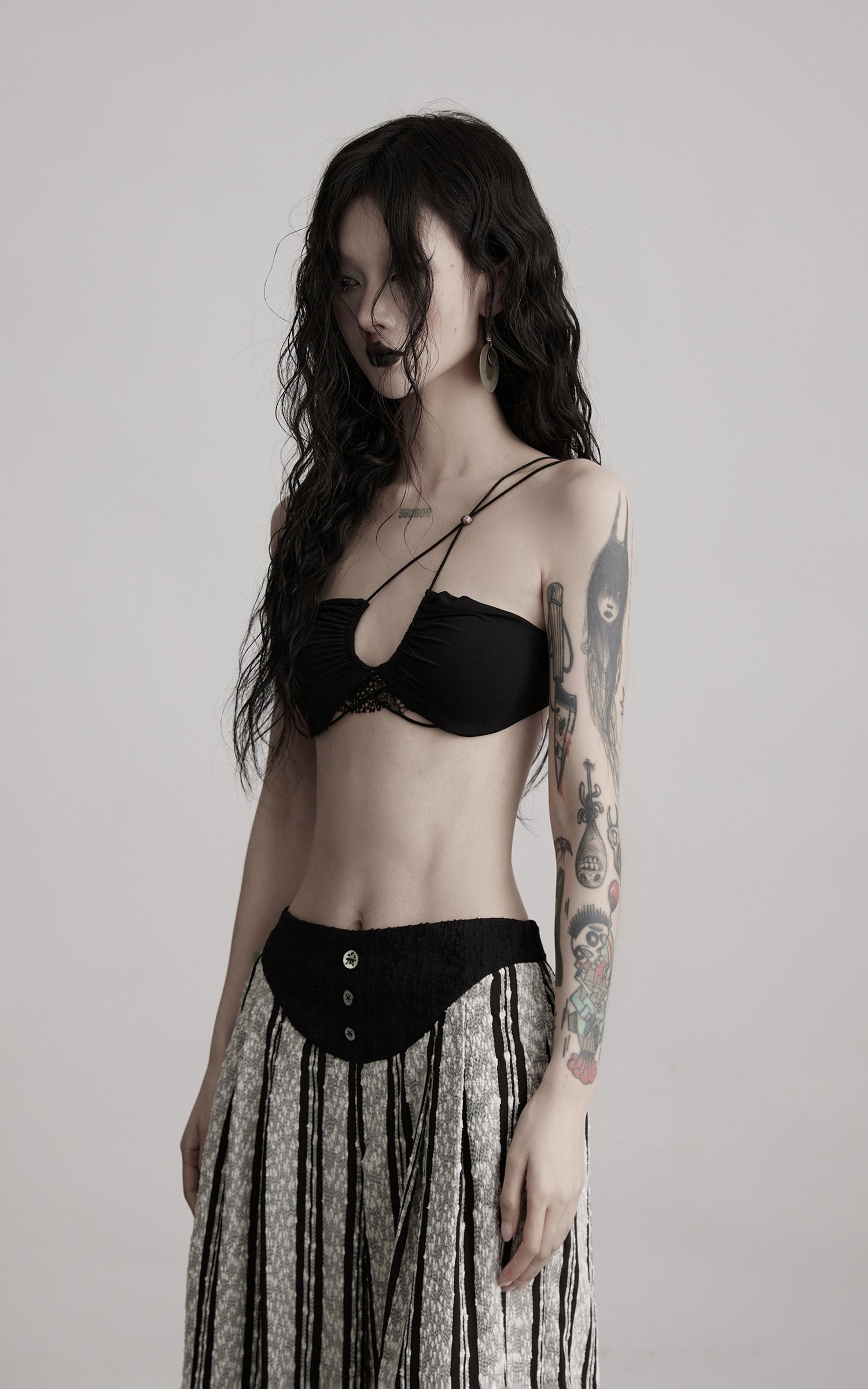 DOINDULGE Lace Strapless Crop Top with Beaded Halter Detail