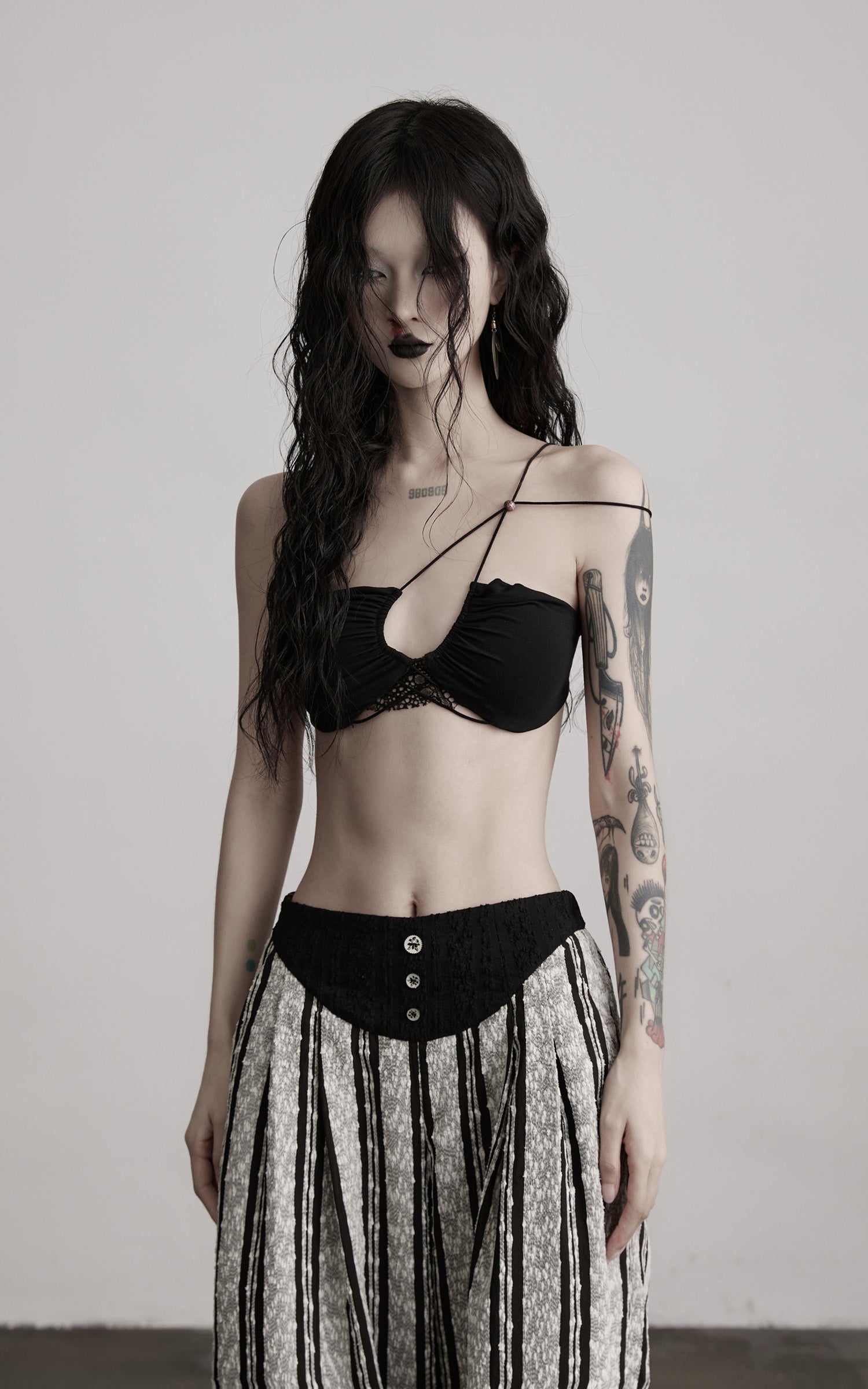 DOINDULGE Lace Strapless Crop Top with Beaded Halter Detail