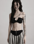 DOINDULGE Lace Strapless Crop Top with Beaded Halter Detail
