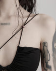 DOINDULGE Lace Strapless Crop Top with Beaded Halter Detail