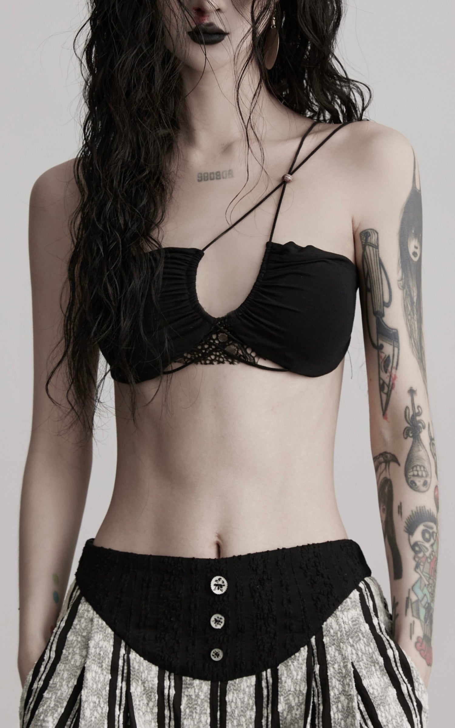 DOINDULGE Lace Strapless Crop Top with Beaded Halter Detail