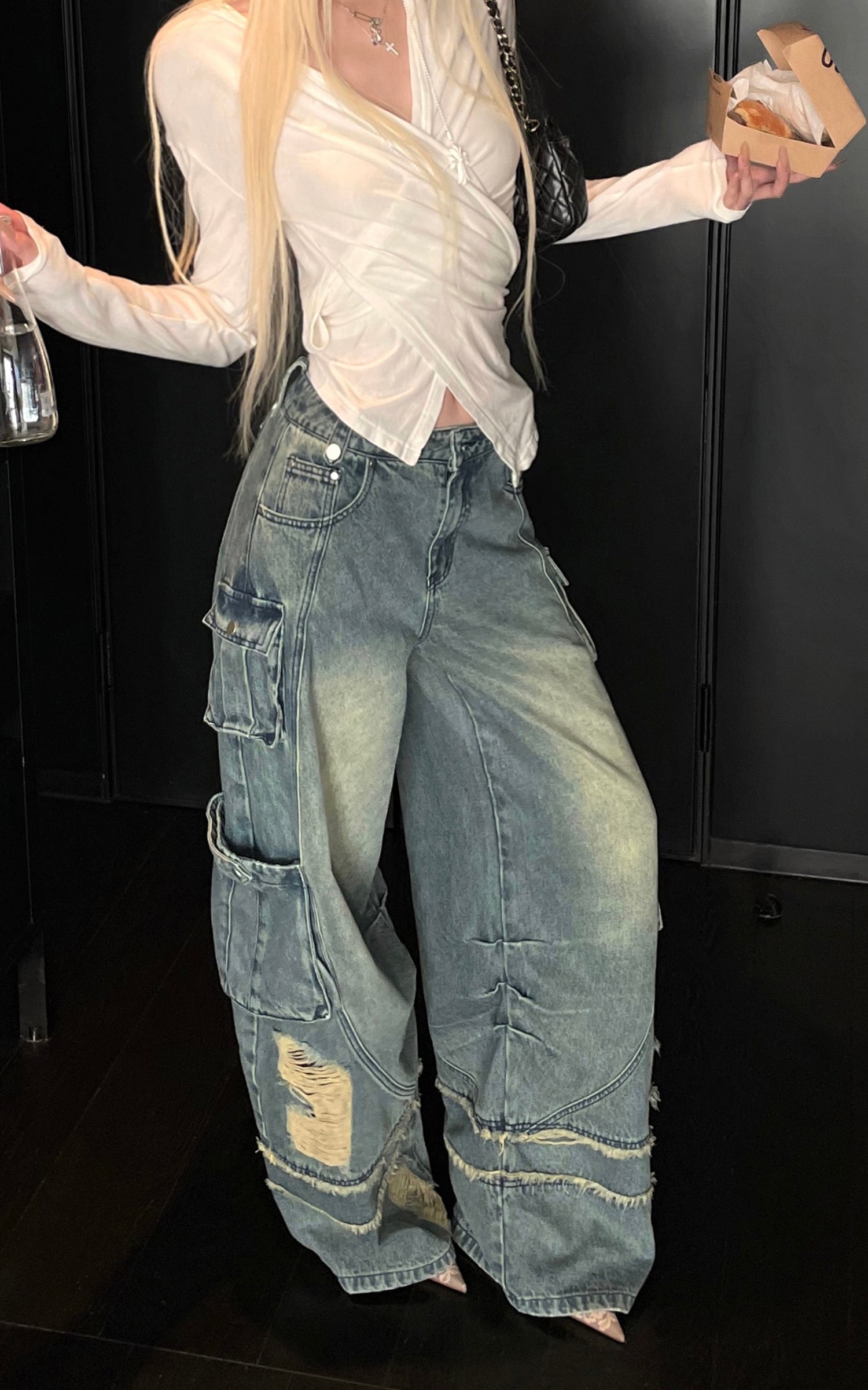 Rase le sol Pantalon en jean déstructuré à jambes larges et effet usé
