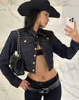 ROVENTE Cropped Denim Jacket with Structured Fit and Contrast Stitching