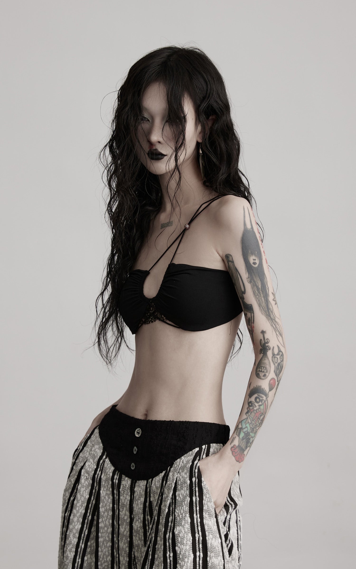 DOINDULGE Lace Strapless Crop Top with Beaded Halter Detail