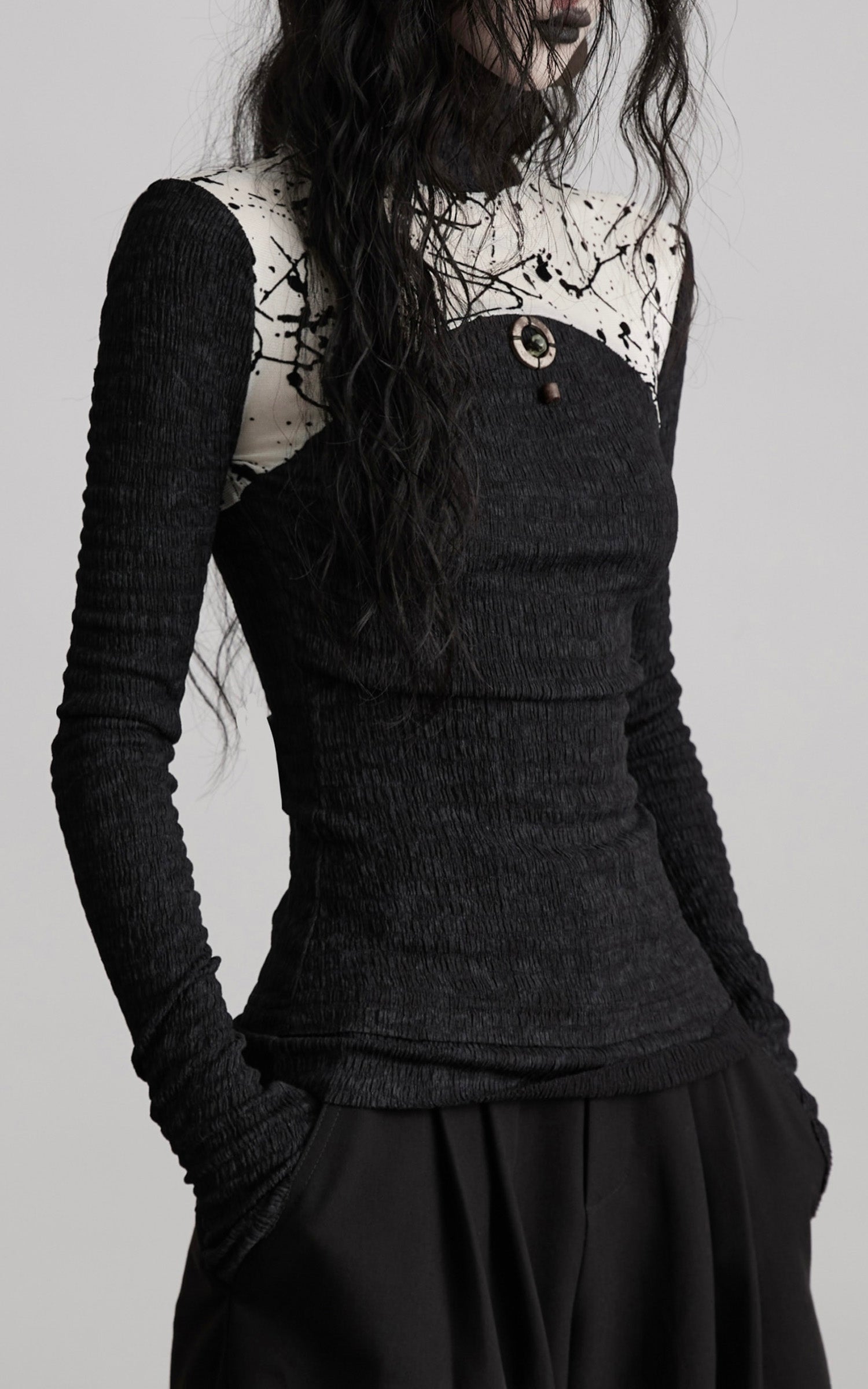 DOINDULGE Contrast Splatter Panel High Neck Long Sleeve T-Shirt