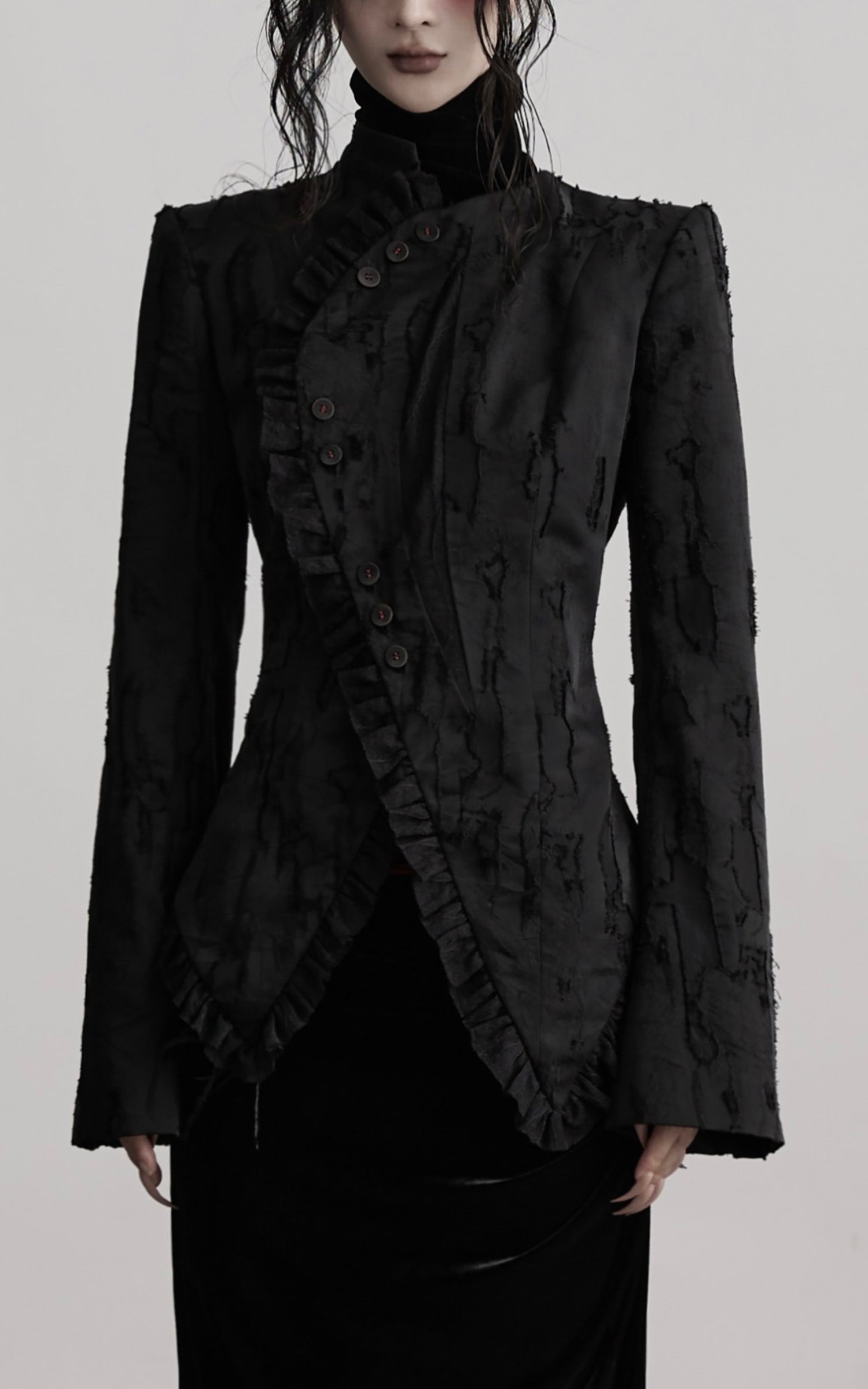 DOINDULGE Textured Asymmetric Blazer with Ruffled Edge and Fitted Silhouette
