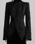 DOINDULGE Textured Asymmetric Blazer with Ruffled Edge and Fitted Silhouette