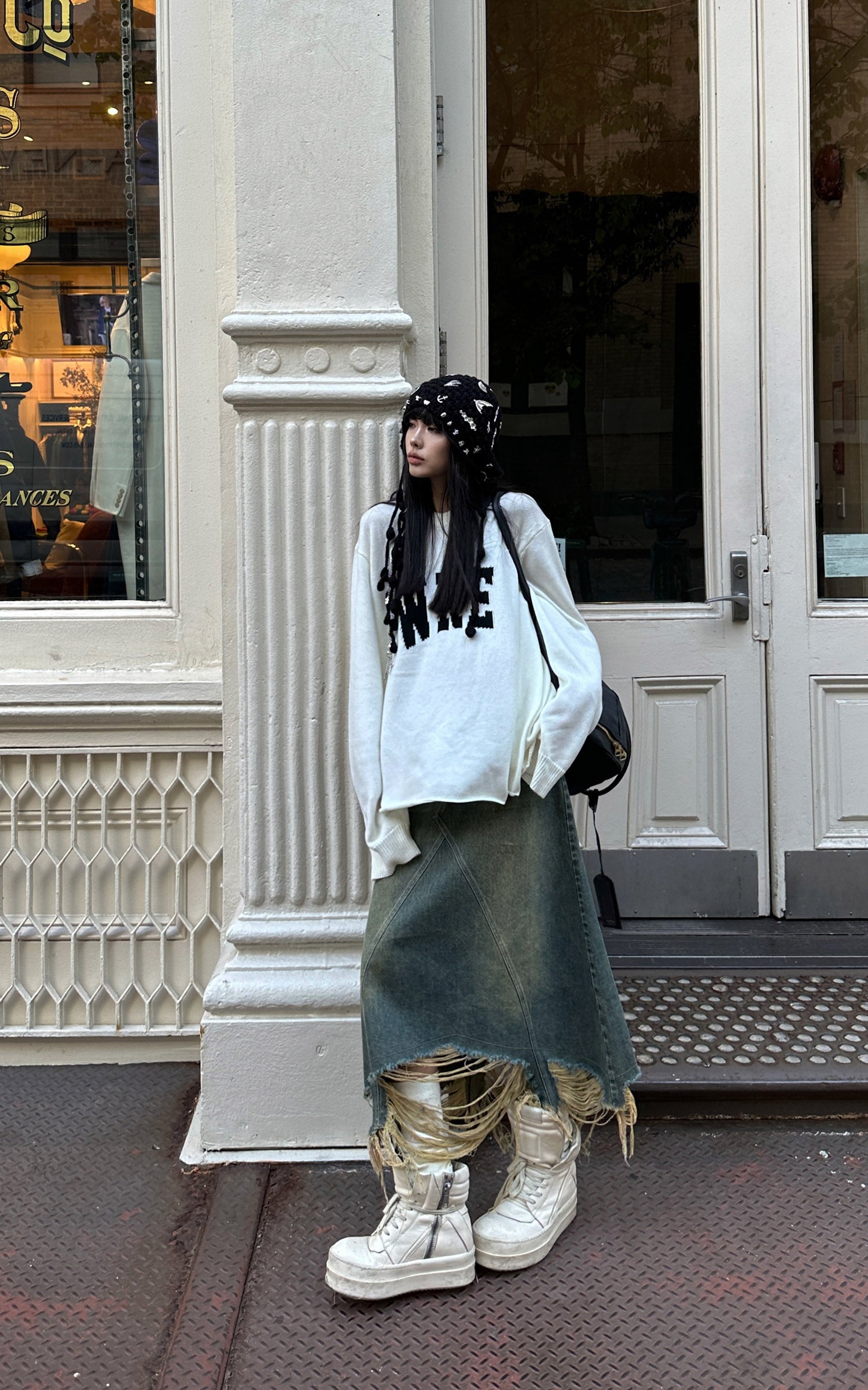 WARDEN EDGE Distressed Denim Skirt with Deconstructed Hem
