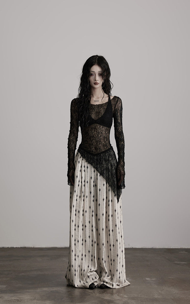 DOINDULGE Sheer Lace Long Sleeve Top with Asymmetric Hem