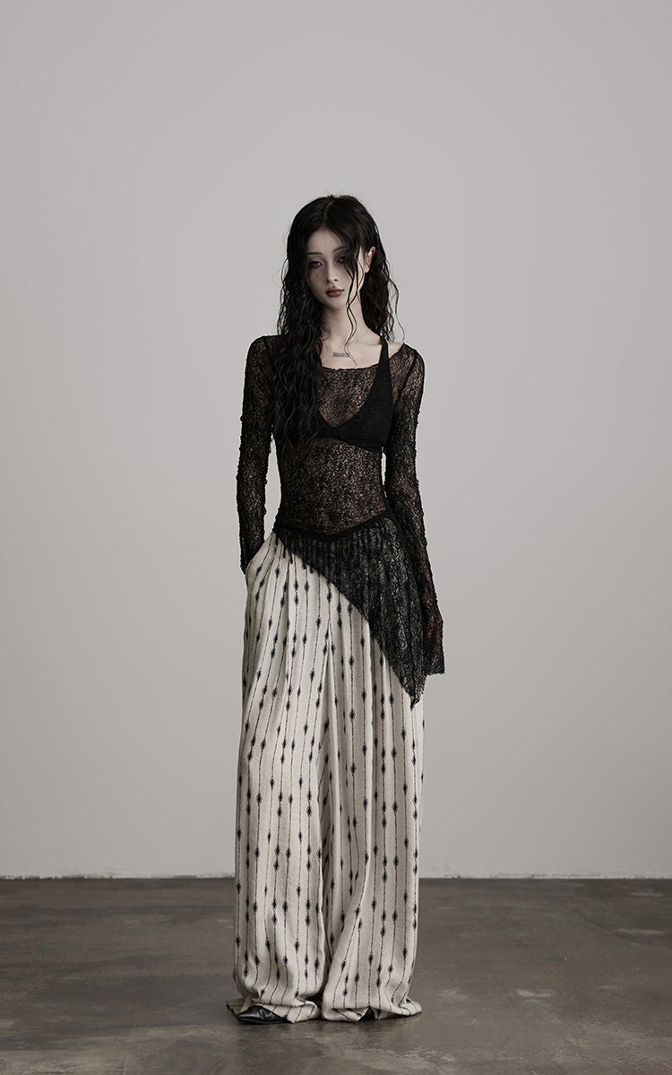 DOINDULGE Sheer Lace Long Sleeve Top with Asymmetric Hem