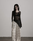 DOINDULGE Sheer Lace Long Sleeve Top with Asymmetric Hem