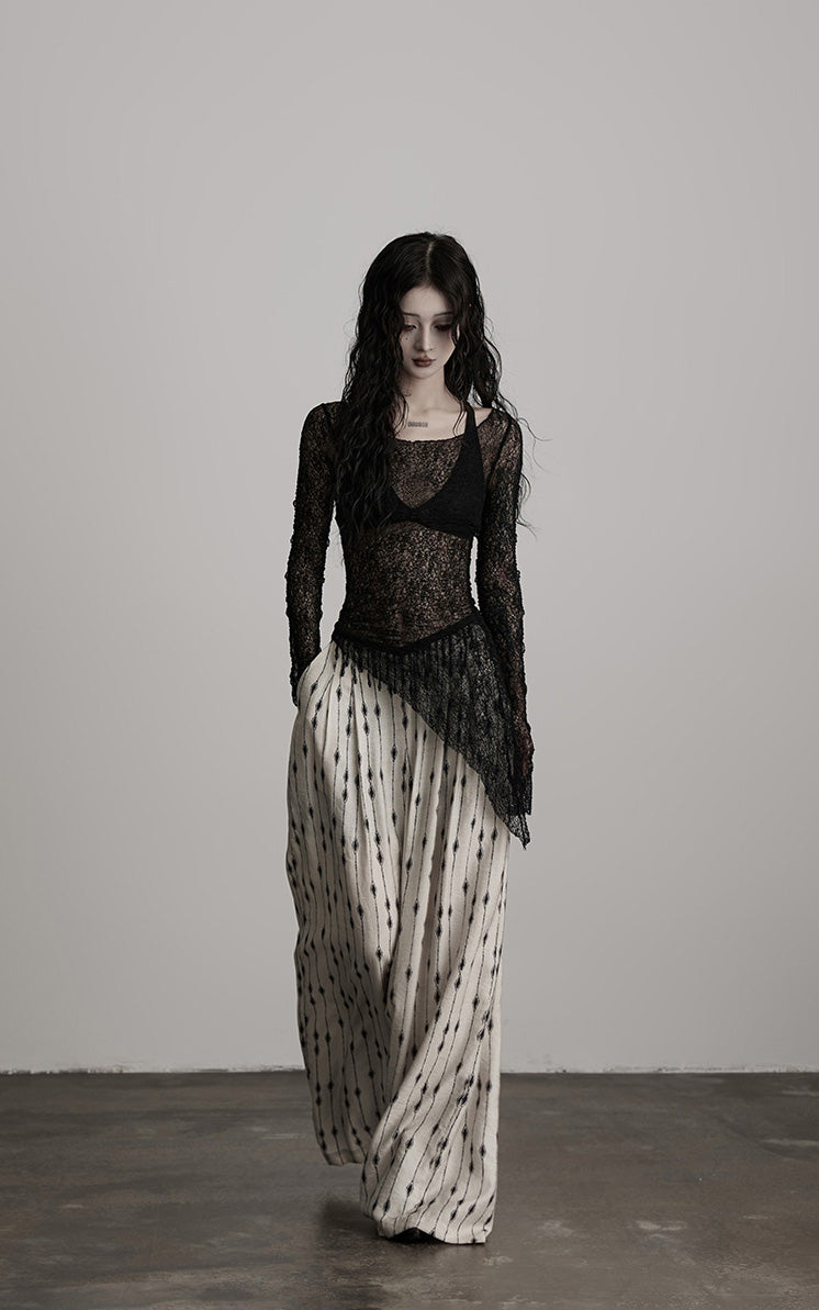 DOINDULGE Sheer Lace Long Sleeve Top with Asymmetric Hem
