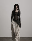 DOINDULGE Sheer Lace Long Sleeve Top with Asymmetric Hem