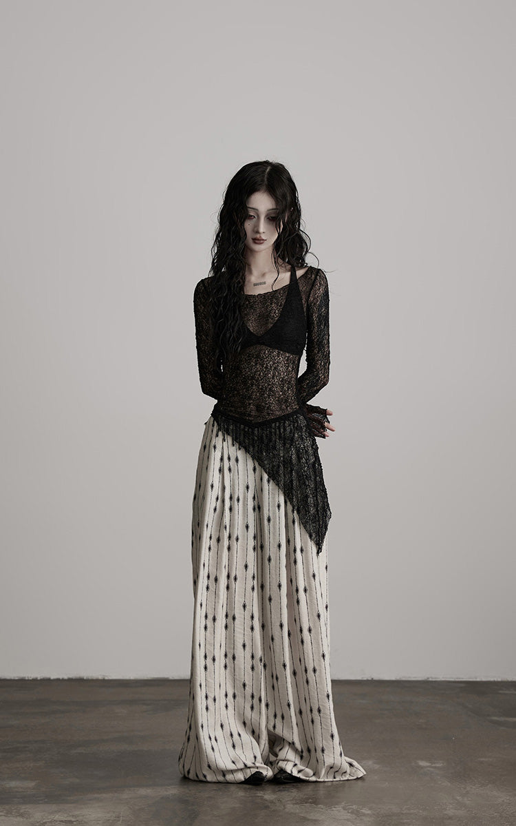 DOINDULGE Sheer Lace Long Sleeve Top with Asymmetric Hem