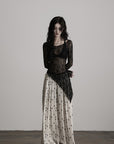 DOINDULGE Sheer Lace Long Sleeve Top with Asymmetric Hem