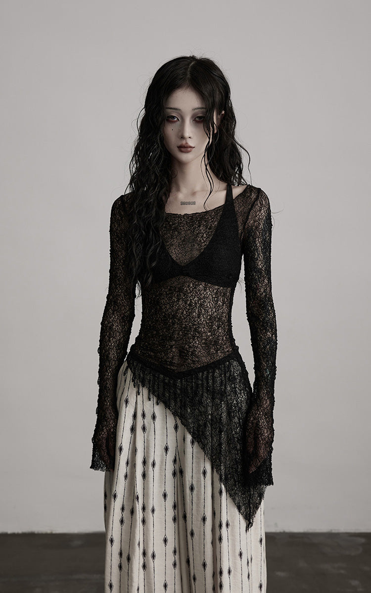 DOINDULGE Sheer Lace Long Sleeve Top with Asymmetric Hem