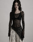 DOINDULGE Sheer Lace Long Sleeve Top with Asymmetric Hem