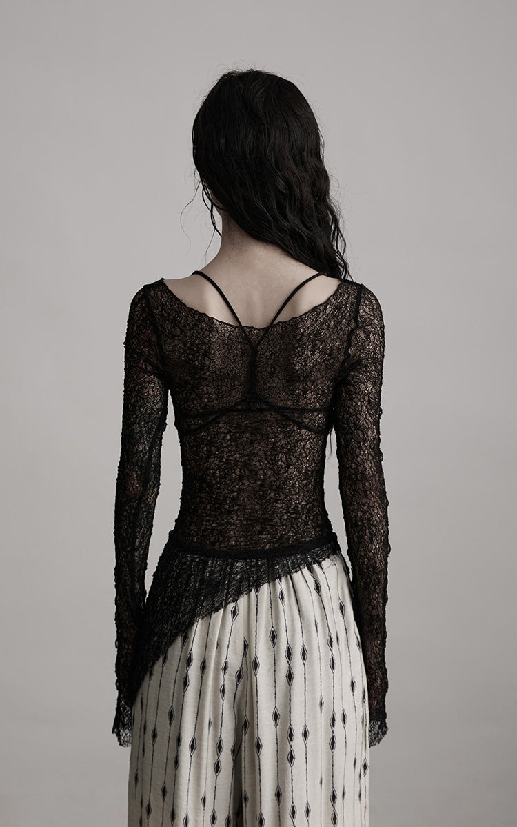DOINDULGE Sheer Lace Long Sleeve Top with Asymmetric Hem