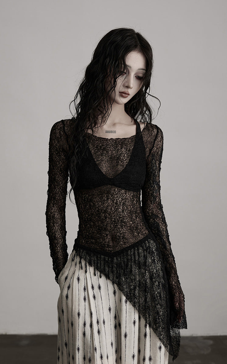 DOINDULGE Sheer Lace Long Sleeve Top with Asymmetric Hem