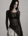 DOINDULGE Sheer Lace Long Sleeve Top with Asymmetric Hem