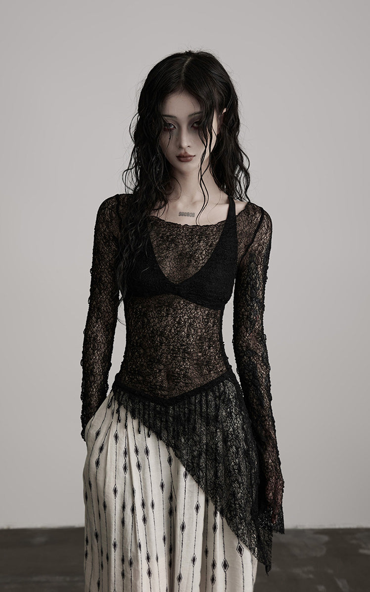 DOINDULGE Sheer Lace Long Sleeve Top with Asymmetric Hem