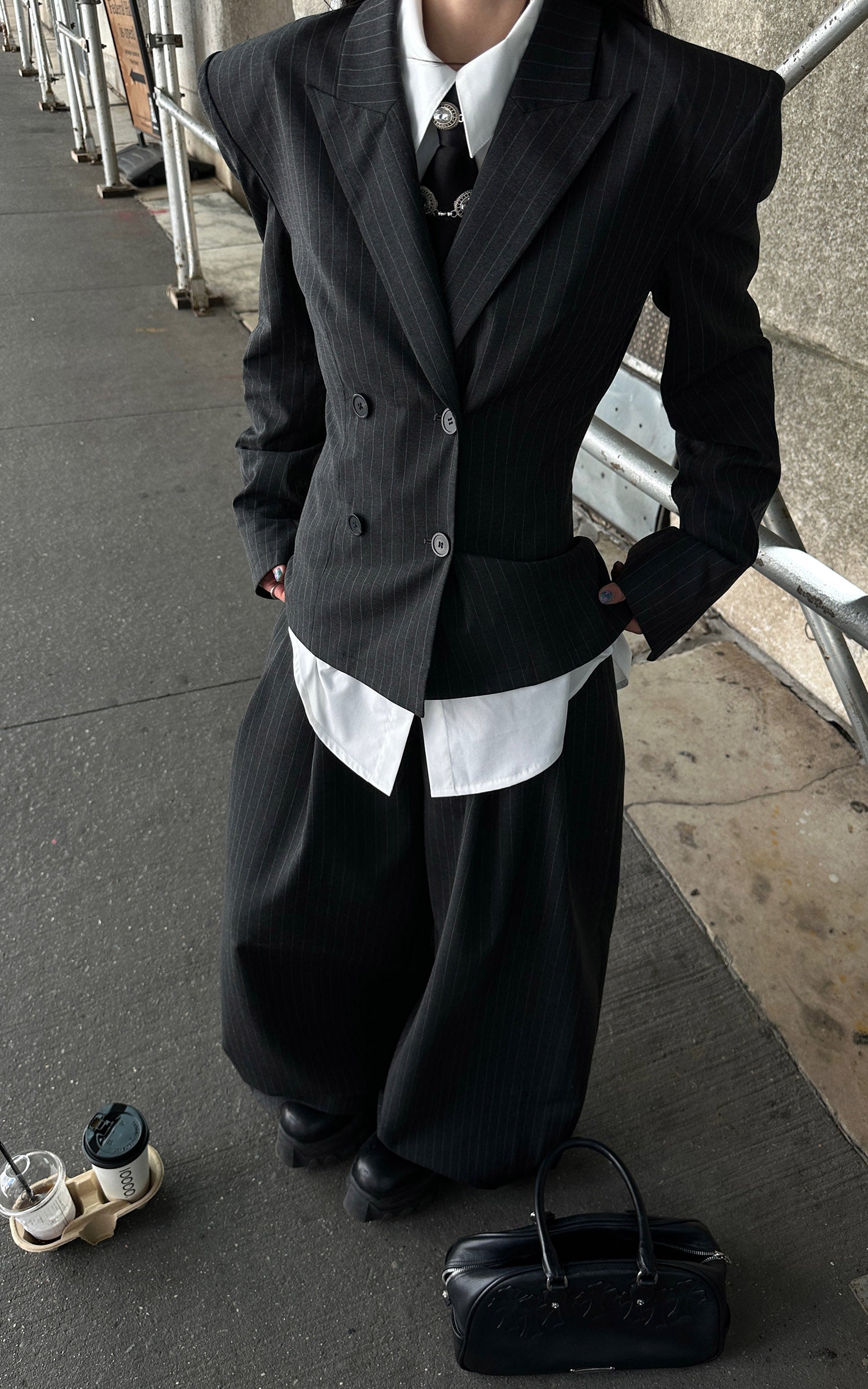 WARDEN EDGE Pinstripe Suit Set with Blazer Shirt and Wide Trousers