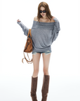 IAMXIAA Off Shoulder Knit Top Long Sleeve Pullover