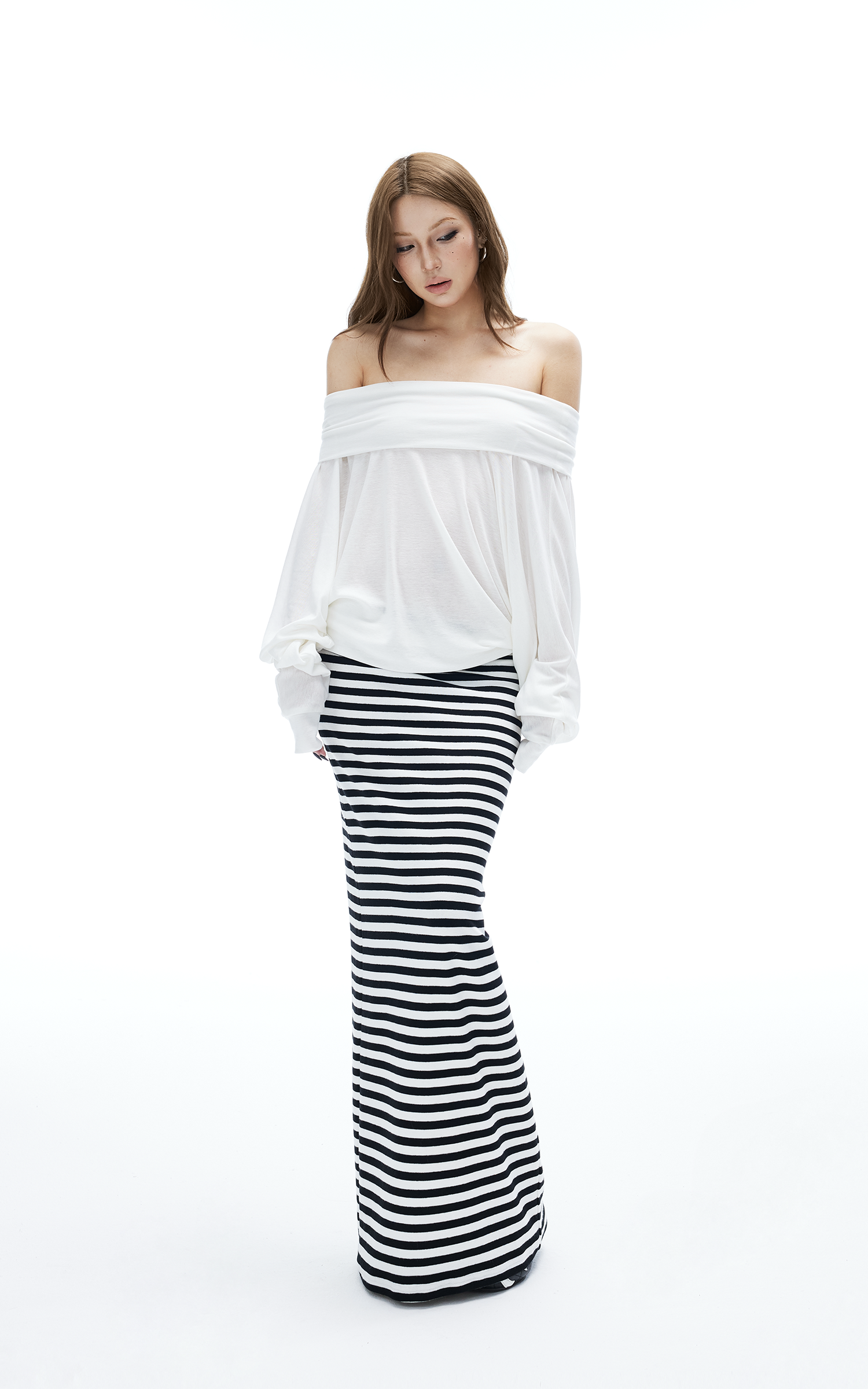 IAMXIAA Striped Bodycon Maxi Skirt Slim Fit Stretch Long Skirt