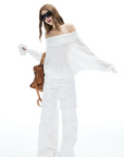 IAMXIAA Off Shoulder Knit Top Long Sleeve Pullover