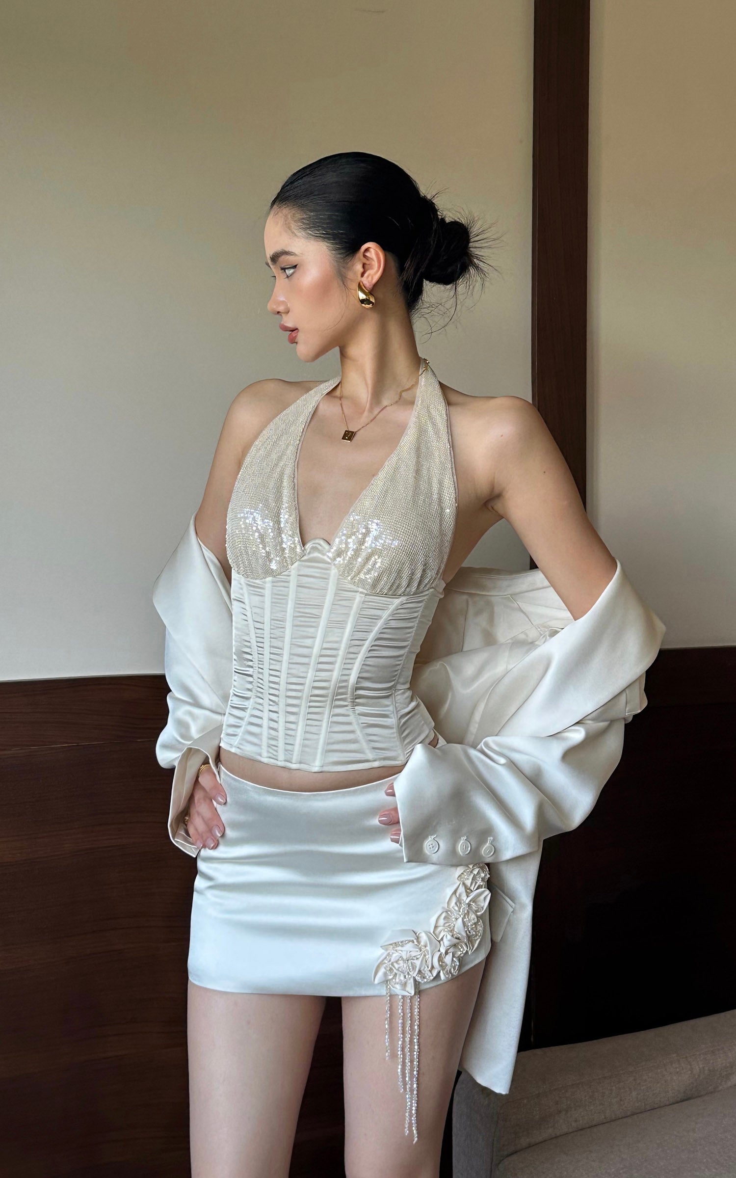 ROVENTE Sequin Satin Corset Top
