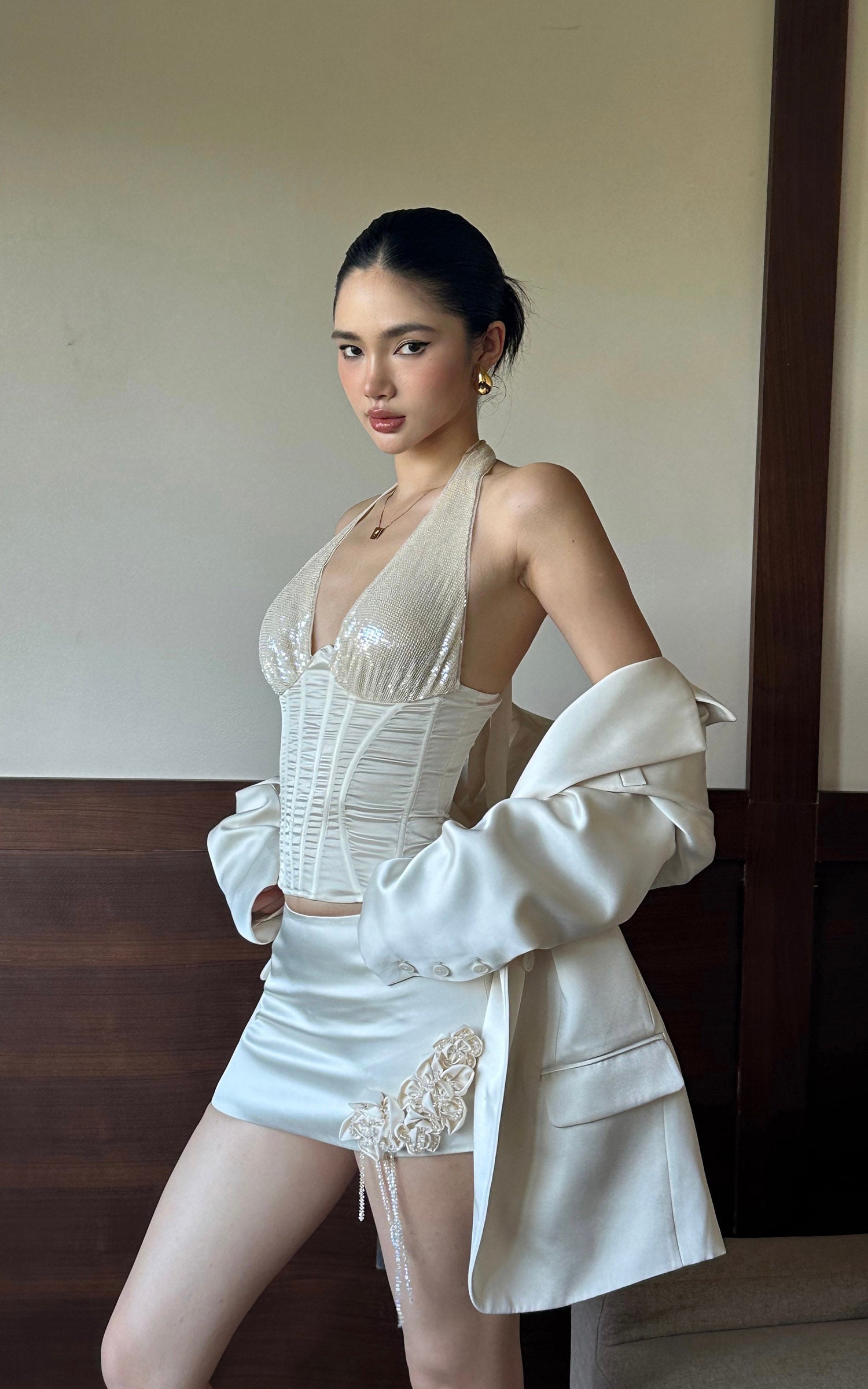 ROVENTE Sequin Corset Top &amp; Satin Mini Skirt Set