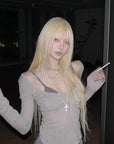 Rase le sol Grey Knit Sheer Long Sleeve Top with Minimalist Bra Layered Set