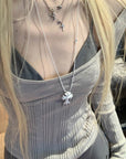 Rase le sol Grey Knit Sheer Long Sleeve Top with Minimalist Bra Layered Set
