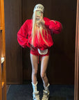 Rase le sol Red Embroidered Zip Hoodie & Shorts Set