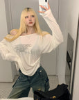 Rase le sol Semi-Sheer Long Sleeve Tee with Quote Print + Minimal Triangle Bra Set