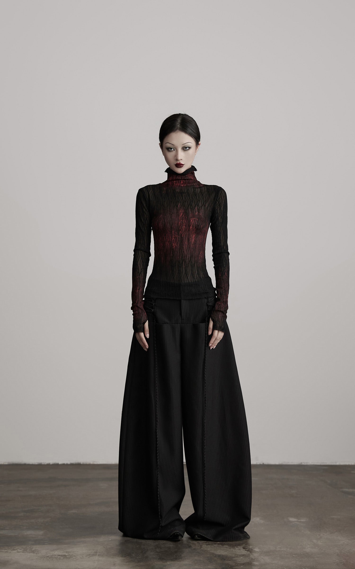 DOINDULGE Sheer Textured Turtleneck Top