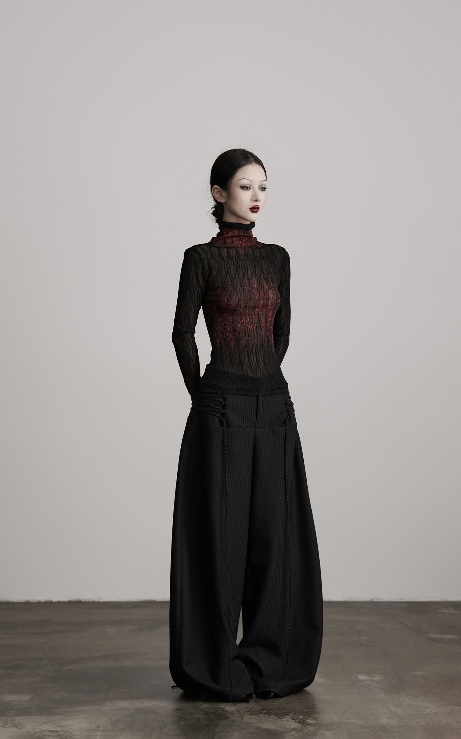 DOINDULGE Sheer Textured Turtleneck Top