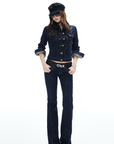 IAMXIAA Denim Jacket and Flared Jeans Set for Women Retro Dark Wash Two Piece Outfit