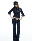 IAMXIAA Denim Jacket and Flared Jeans Set for Women Retro Dark Wash Two Piece Outfit