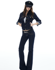 IAMXIAA Denim Jacket and Flared Jeans Set for Women Retro Dark Wash Two Piece Outfit