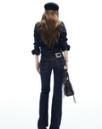 IAMXIAA Denim Jacket and Flared Jeans Set for Women Retro Dark Wash Two Piece Outfit