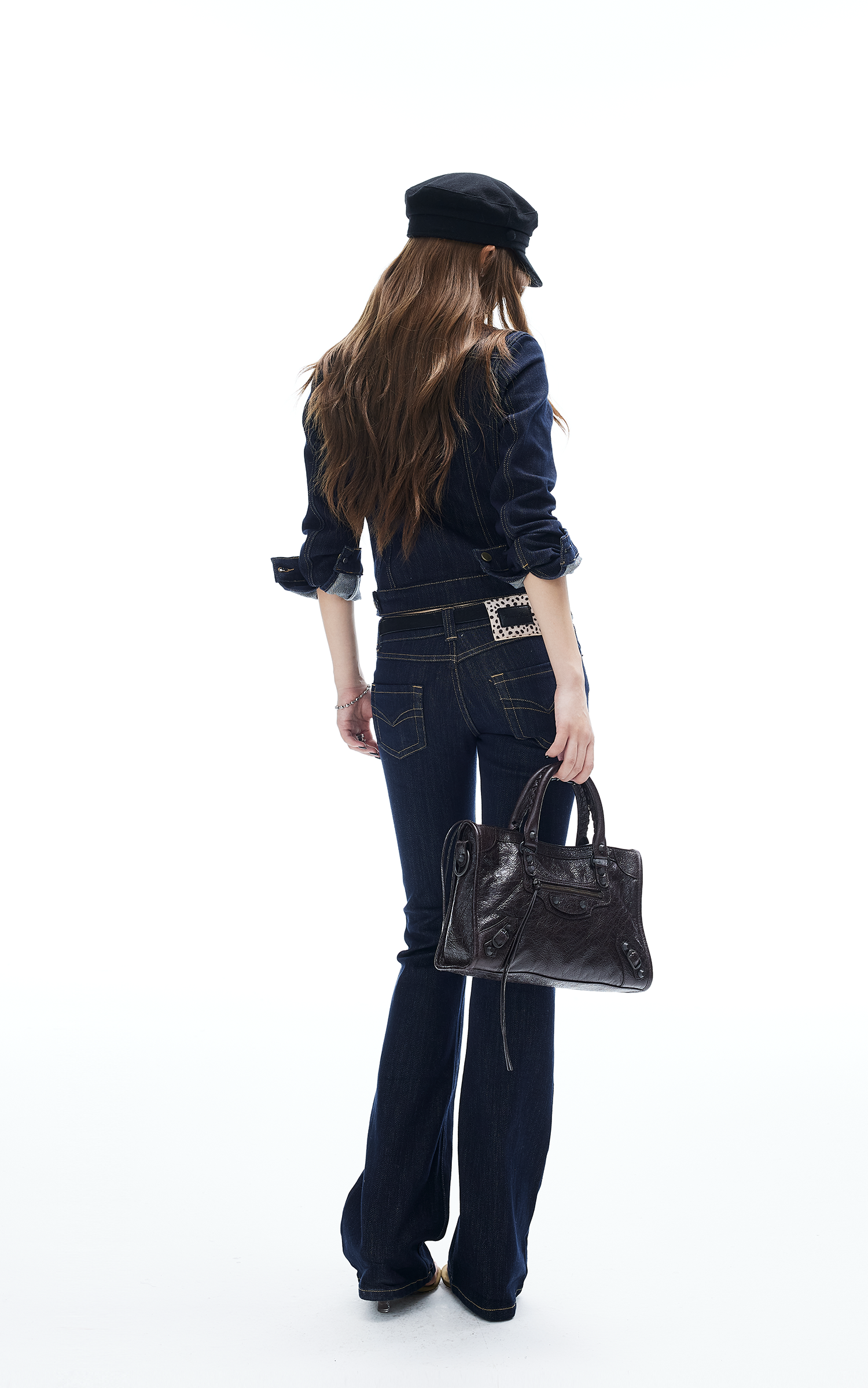 IAMXIAA Denim Jacket and Flared Jeans Set for Women Retro Dark Wash Two Piece Outfit